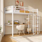 Letto a soppalco in metallo con scrivania e ripiani, 90x200 cm, bianco, con scala di sicurezza e barriera a rete