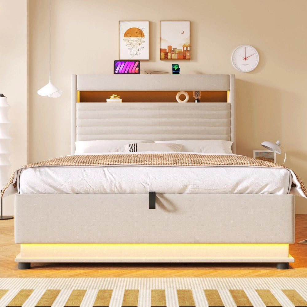 Letto Imbottito Contenitore con LED e USB ¨C MINIMAL ¨C Tessuto Beige 140x200