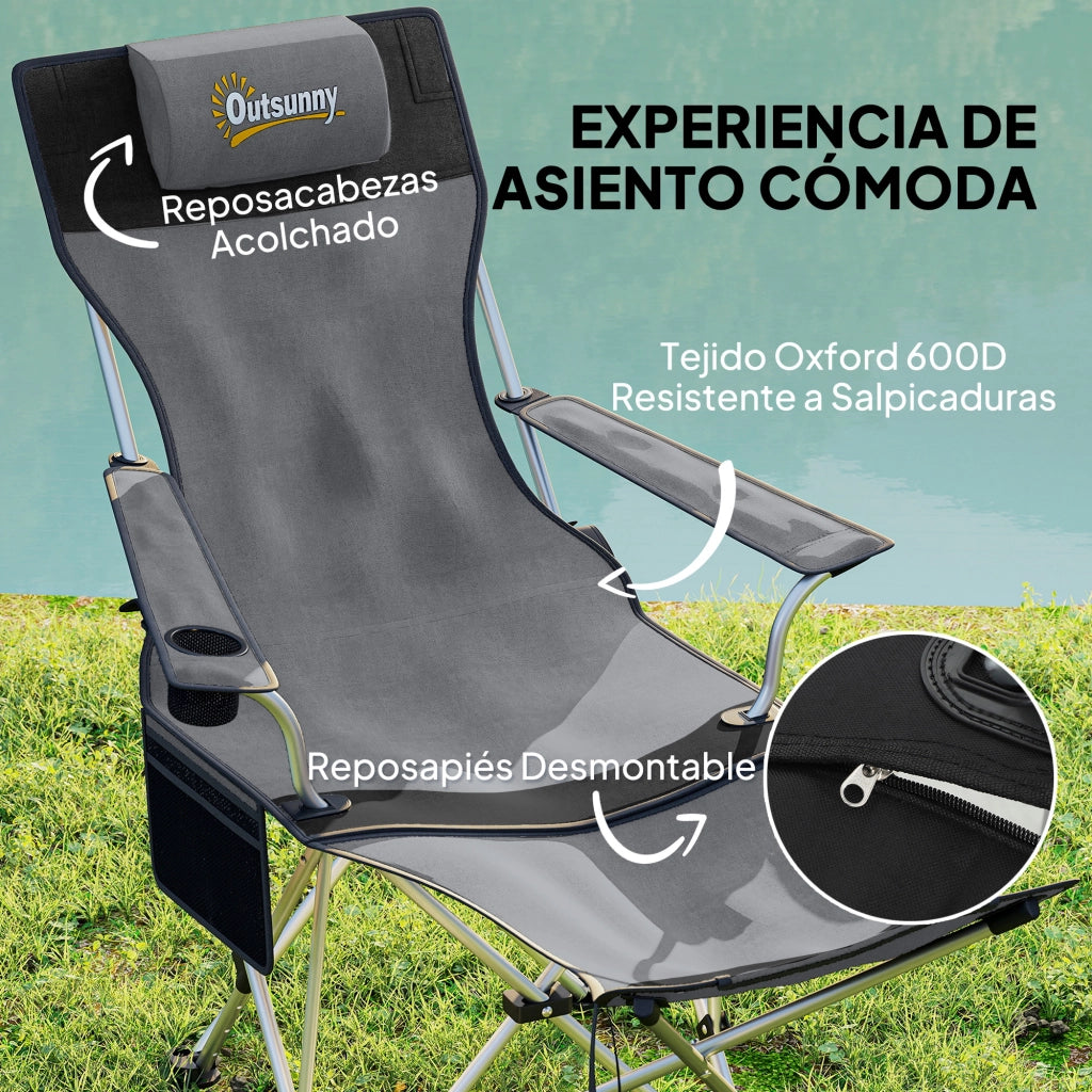Sedia Pieghevole con Poggiapiedi e Portabevande ¨C zephmum ¨C 125x48x90 cm Grigio