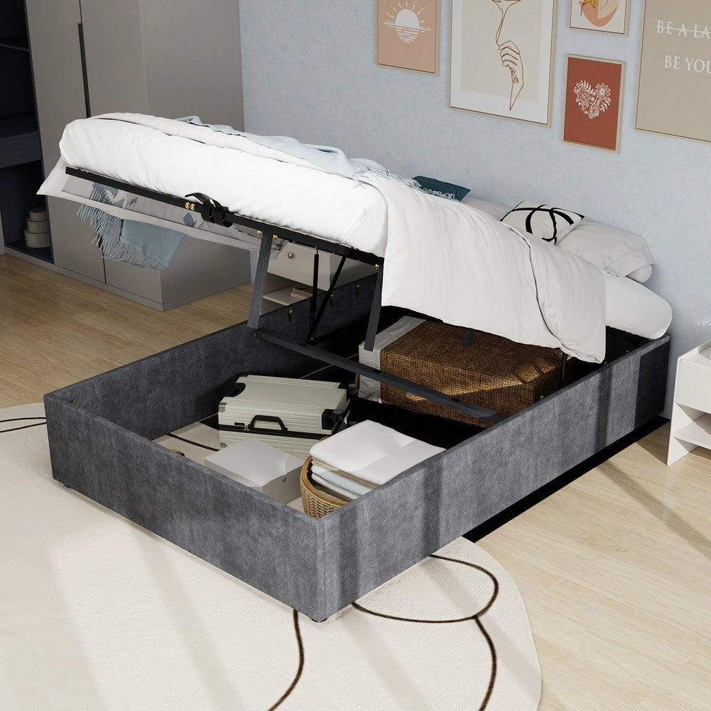 Letto Contenitore con Alzata Idraulica ¨C MINIMAL ¨C Grigio, Velluto, 160x200