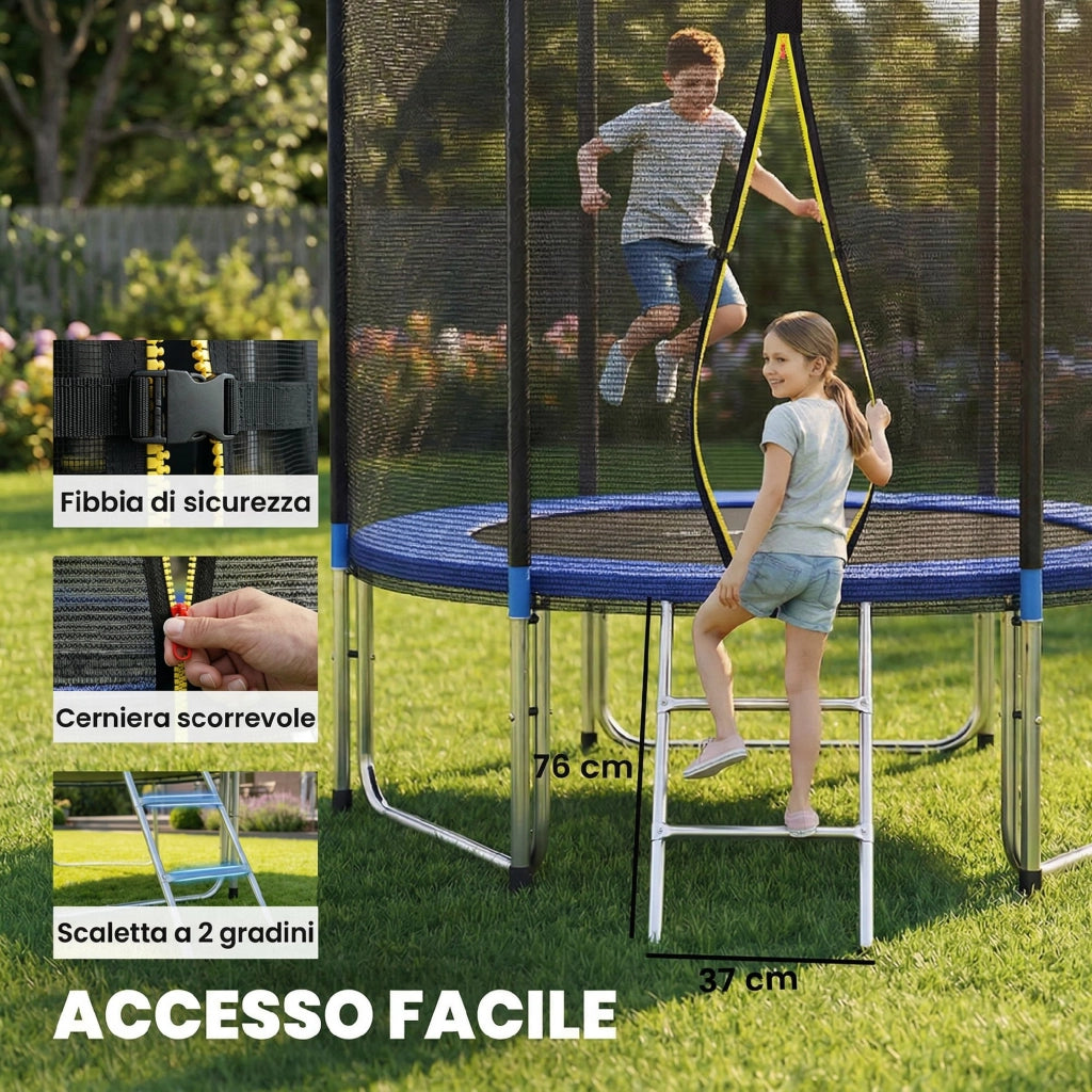 Trampolino 244 cm, Rete di Protezione inclusa, Scala per accesso.