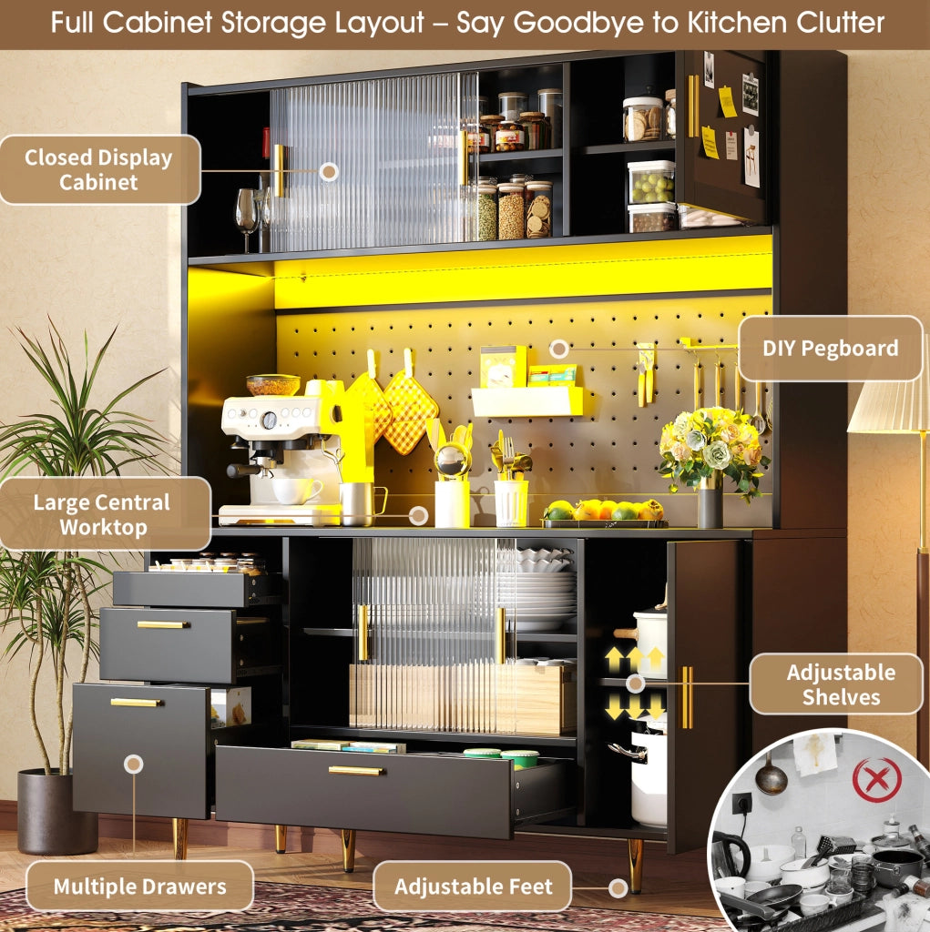 Credenza ULEVR 140x40x180 cm con vetrine, cassetti, ripiani regolabili e LED multicolore, nera