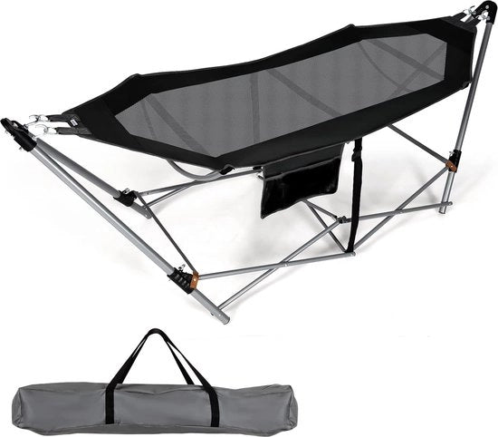 Hangmat opvouwbaar con struttura e tas laterale, supporta fino a 150 kg Portatile con tas per uso interno ed esterno Nero