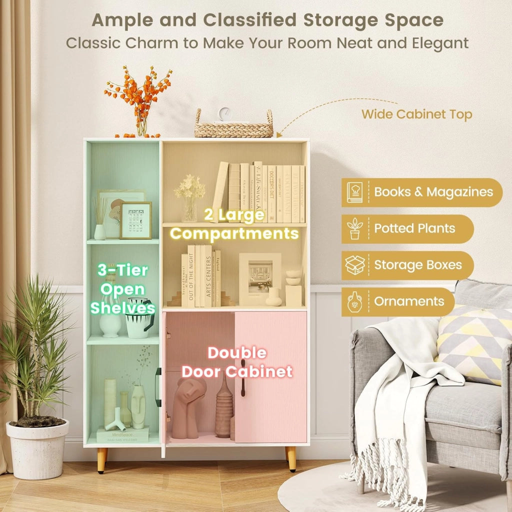 Armadietto da soggiorno, libreria, 2 ante e 5 scomparti aperti, credenza in legno, 80 x 23,5 x 119 cm (Bianco)