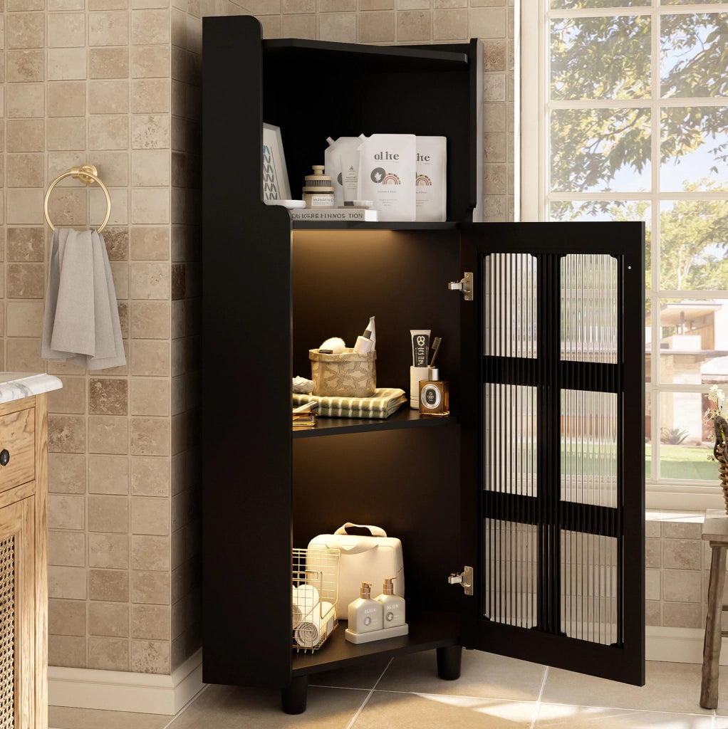 Mobile angolare con illuminazione LED APP; finitura laccata nera; in MDF; 63;5 x 124 cm