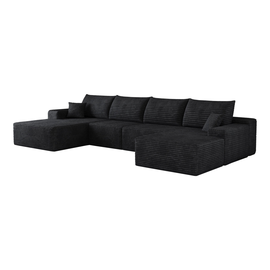 Divano angolare modulare con chaise longue e schiuma elastica in tessuto a coste nero
