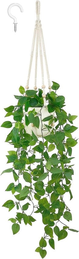 Pianta ornamentale premium con vaso e corda di macramè - Pianta finta di vite - Ivoia - Ideale per camera da letto, bagno, cucina e ufficio