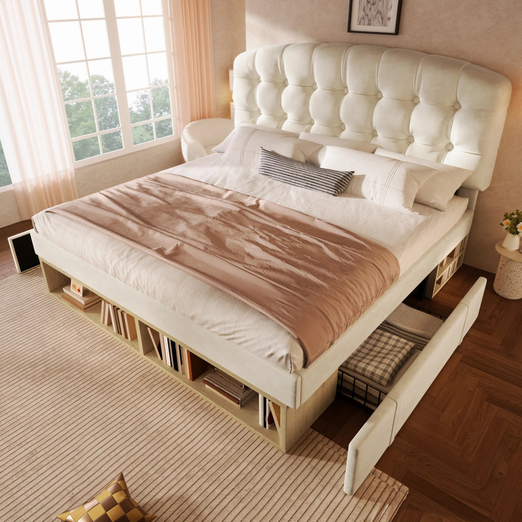 LETTO imbottito 140x200 cm in velluto beige con testiera regolabile e cassetti