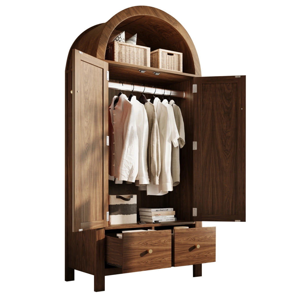 Armadio guardaroba 181x78x45 cm con effetto noce; intreccio rattan; 2 cassetti