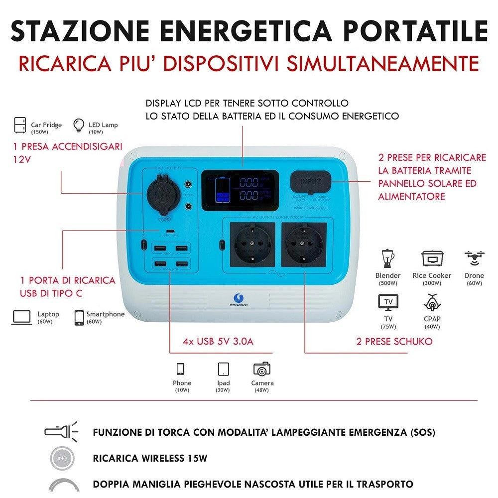 Trade Shop - Generatore Corrente 700w Portatile Ricarica Solare Batteria Prese Schuko Ac Usb-c -