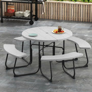 Set da Giardino per 8 Persone, Tavolo Rotondo da Picnic con 4 Panche, Tavolo da Birra in HDPE con Foro per Ombrellone, Set da Esterno Resistente