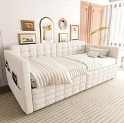 Letto imbottito 90x190 cm con tasche laterali e 2 cassetti in velluto beige