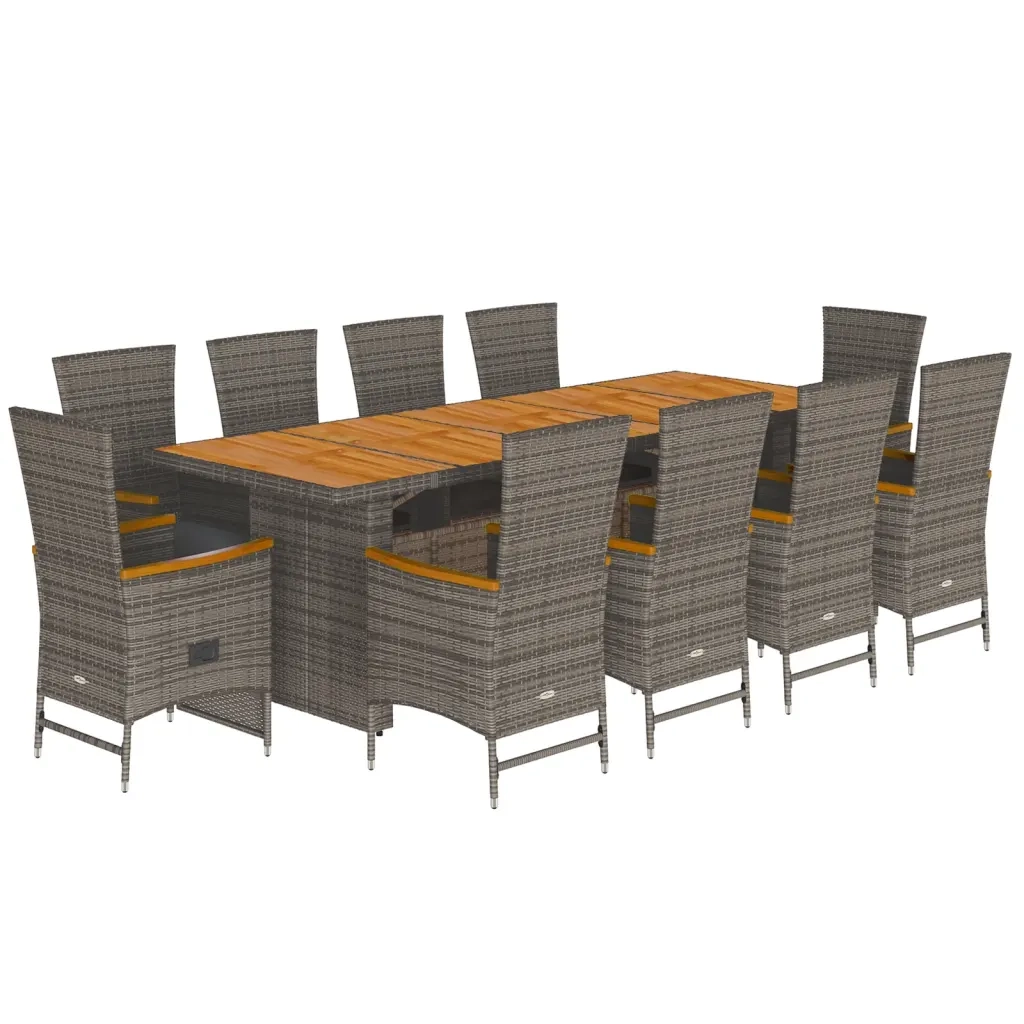 Set da Pranzo da Giardino 11pz con Cuscini in Polyrattan Grigio