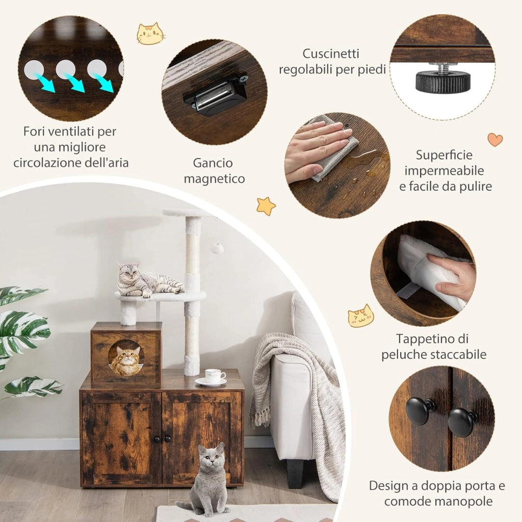 Tiragraffi per Gatti Adulti Con Cuccia, Piattaforma, Cuscini e Albero Alto in Legno - 77,5 x 49 x 132 cm