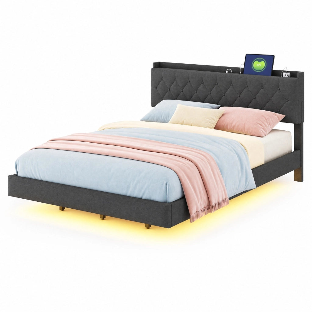 Letto imbottito matrimoniale 160x200 cm con LED a colori variabili; porta USB; contenitore; grigio