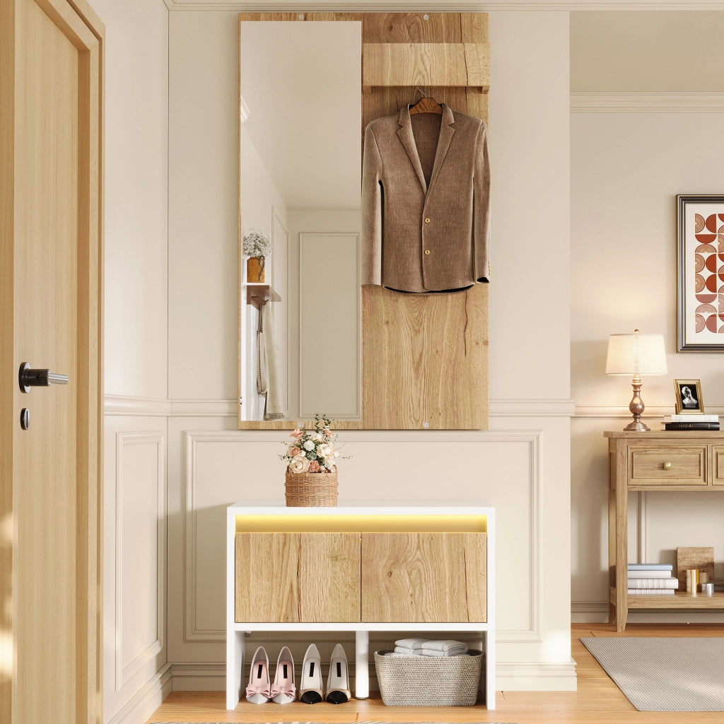 Mobile da ingresso con specchio, appendiabiti, panca portascarpe e 2 cassetti, bianco e naturale, 60 × 38 × 145 cm