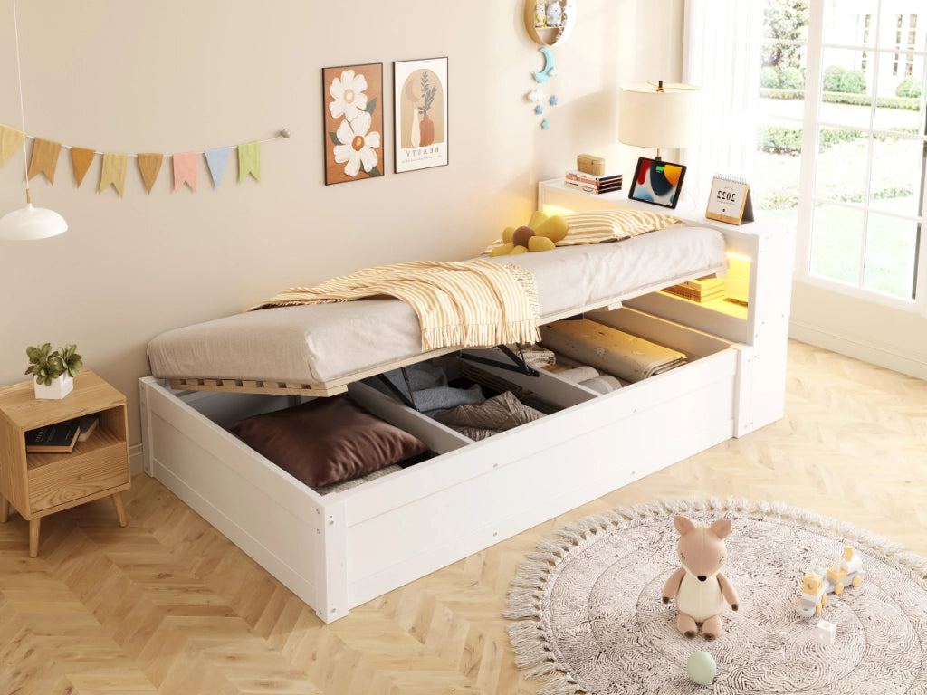 DESMIU Lit contenitore 90 × 200 cm 1 posto con presa, LED, vano idraulico, senza materasso, bianco