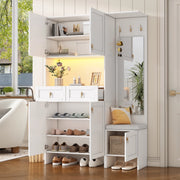 Mobile da ingresso con specchio, 2 cassetti, 3 ganci, 5 ante e LED, in truciolare, bianco, 120 × 33,5 × 180 cm