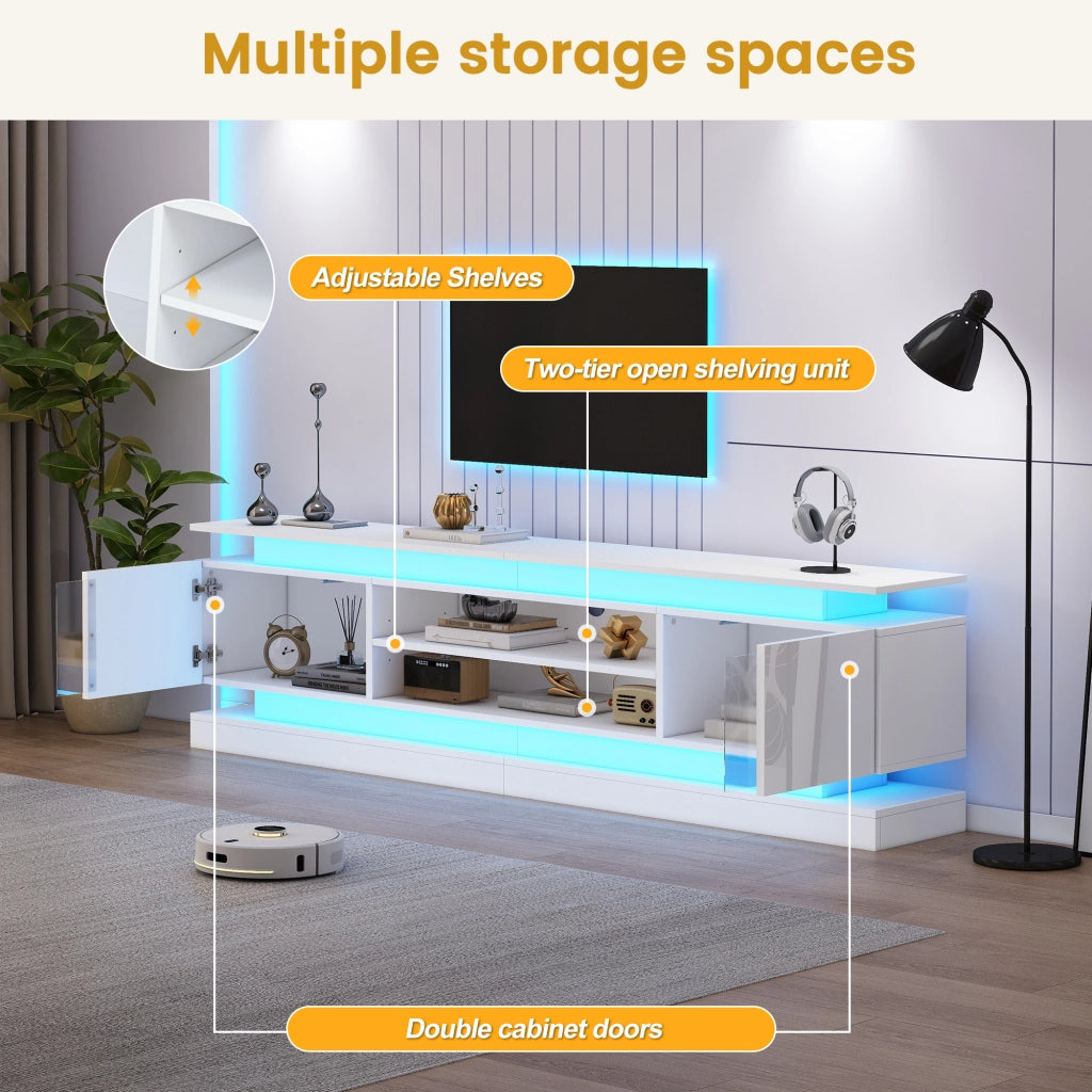 Mobile TV 180 × 35 × 60 cm 2 ante push to open con LED RGB Bluetooth e ripiani regolabili bianco lucido