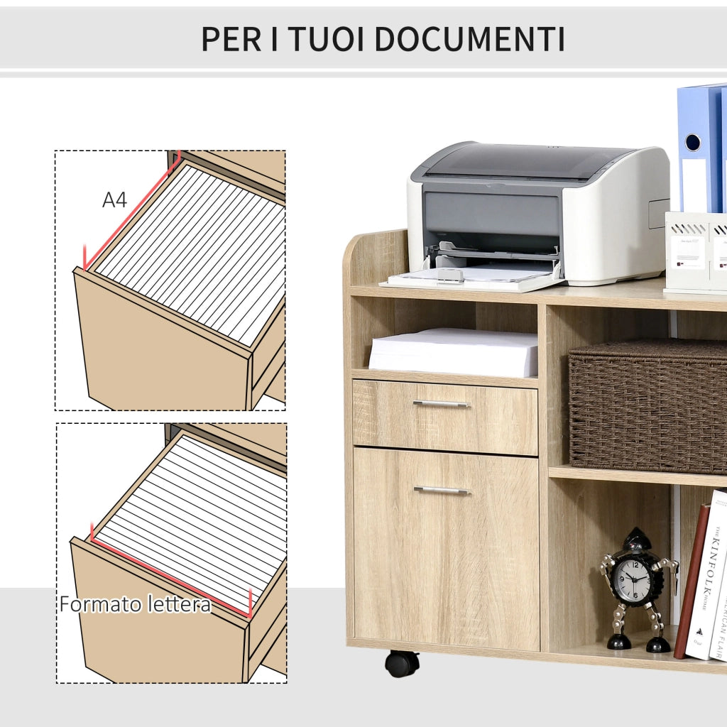 EasyComfort Mobile Porta Stampante, Mobile Ufficio, Mobiletto Basso, Mobile Multiuso con 4 Ruote, Rovere, 80x40x72cm