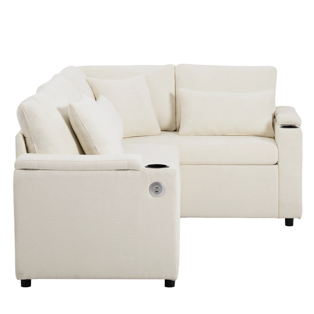 Divano angolare letto estraibile con contenitore, chaise longue destra, in ciniglia beige, 4 posti
