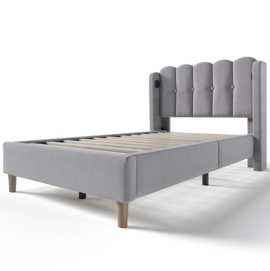 Letto imbottito singolo 90x200 cm in lino grigio con porta USB e USB-C; testiera pannellata