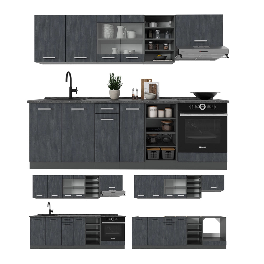 Cucina componibile R-Line Calce nera/Antracite 240 cm PL Marmo Vicco