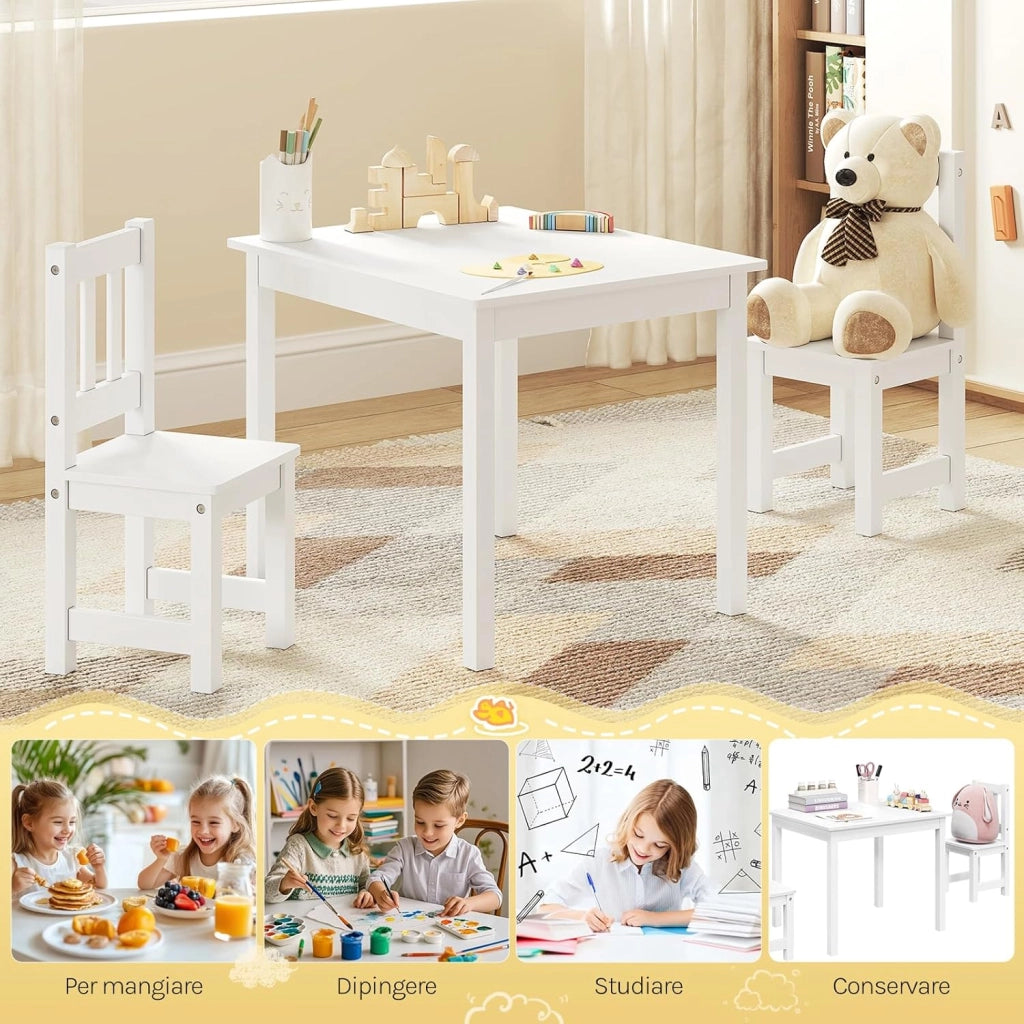 Set da Tavolino e Sedie per Bambini, Tavolo Bambini con 2 Sedie, per Cameretta e Asilo, 60x50x48,5 cm, Bianco