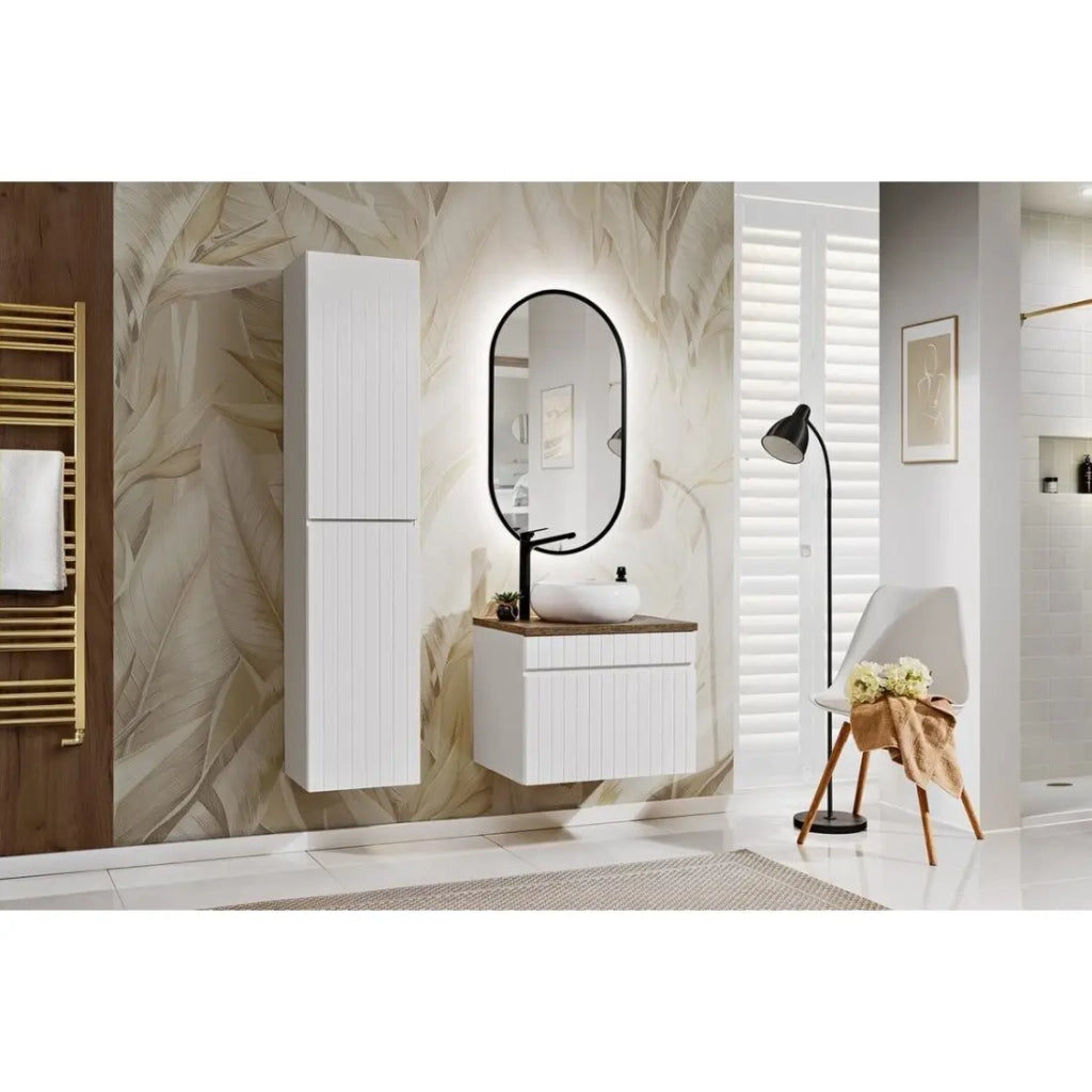 Set ICON bianco: mobile sottolavabo 60cm + lavabo da appoggio rotondo bianco + specchio LED ovale verticale + colonna