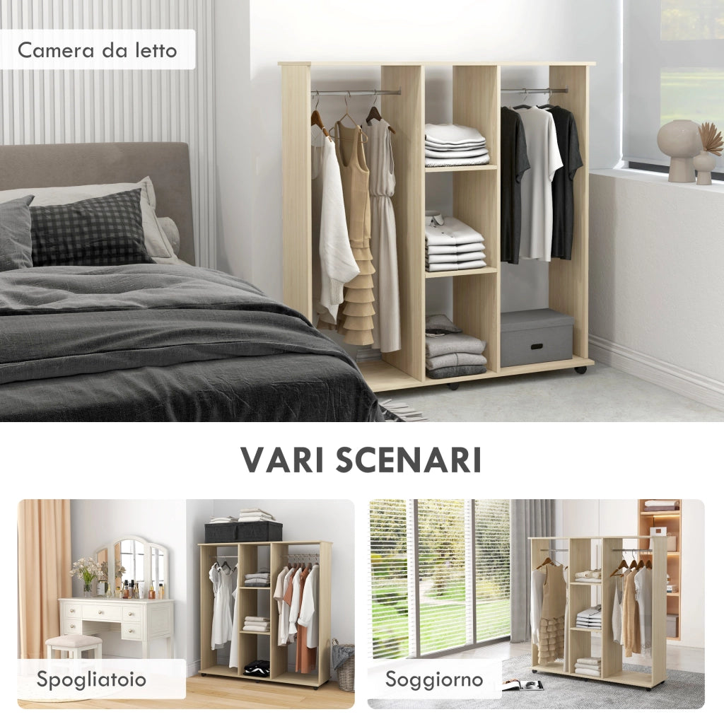 Armadio Guardaroba a Rotelle con 2 Barre e 3 Ripiani Aperti, in Legno e Alluminio, 120x40x128 cm, Color Legno