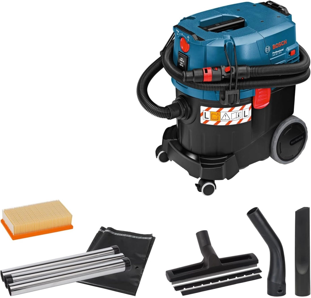 Bosch Professional Asp. a umido/a secco GAS 35 L SFC+ (1 filtro in cell. piegh. piatto, bocch. a lancia, sacch., raccordo, set bocch. pav., tubo fles. 3 m con buss. portaut., 3 x 0,35 m tubo asp.)
