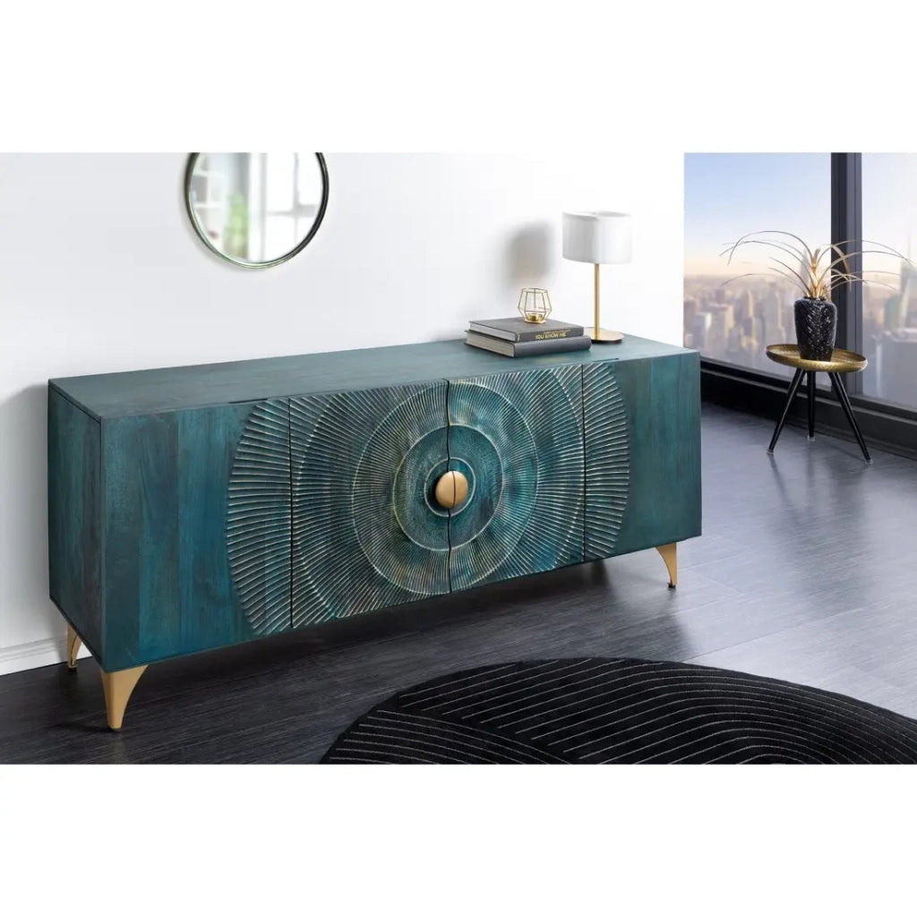 Buffet SOLARIS 180 cm in legno massiccio scolpito blu e dorato – 4 porte