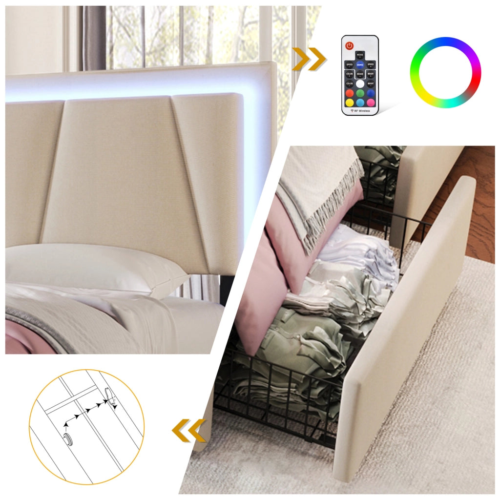 OKWISH Letto Singolo 90×200 cm con 2 Cassetti, LED Regolabile e Testiera Regolabile, Materasso Incluso, in Legno, Beige