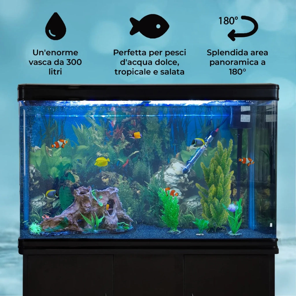 Acquario 300 Litri con Armadietto Nero e Kit con Fondale, Piante e Ghiaia Blu