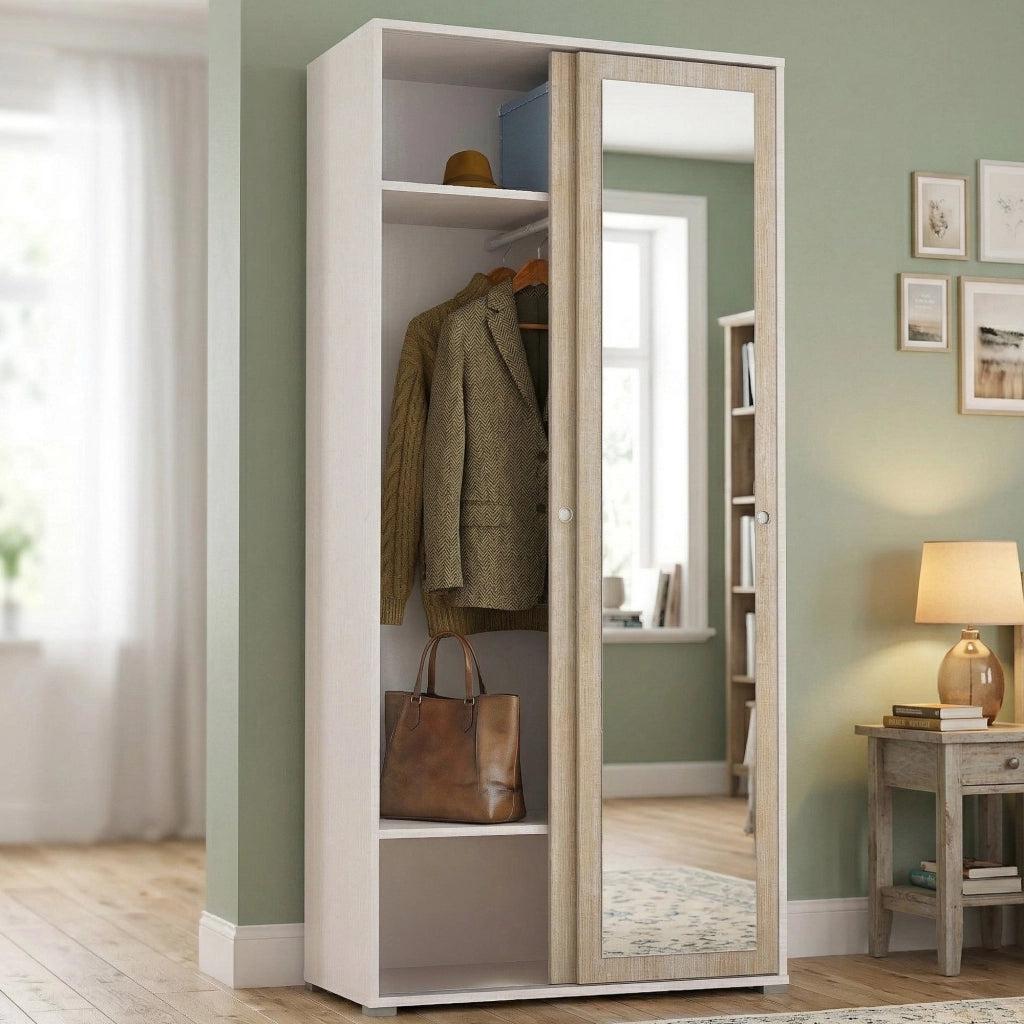 Armadio Camera da Letto Abduhl, Guardaroba 2 Ante Appendiabiti Made in Italy, 90x195h cm Marrone Rovere