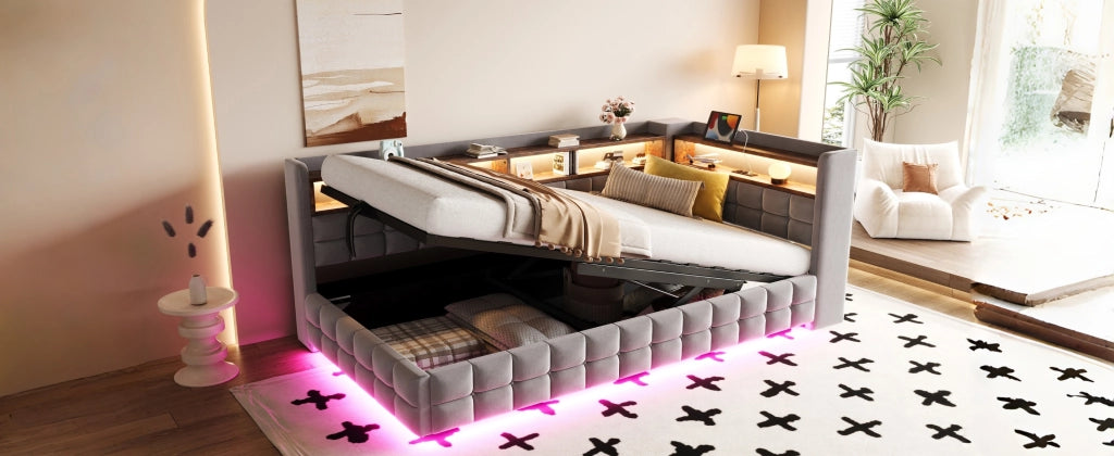 Letto contenitore singolo 90 × 200 cm con LED, prese USB e Type-C, ripiani in legno, senza materasso, grigio chiaro
