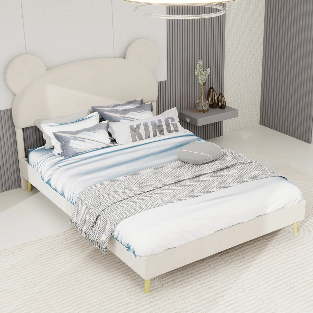 Letto per Bambini Singolo 140x200 cm; con Testiera Imbottita in Tessuto e Metallo; Beige