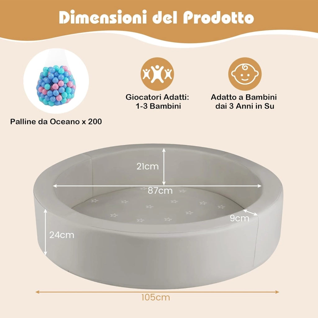 Piscina di Palline per Bambini, Vasca Rotonda con 200 Palline Colorate, Sacchetto in Rete e Copertura Rimovibile, Piscinetta in Morbida Schiuma per Soggiorno e Camera di Bambino (Grigio)