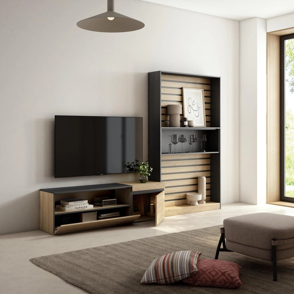 Mobile TV, Soggiorno, 260x35x186cm, Per TV fino a 65", Set di mobili, colore Rovere e nero RF2535