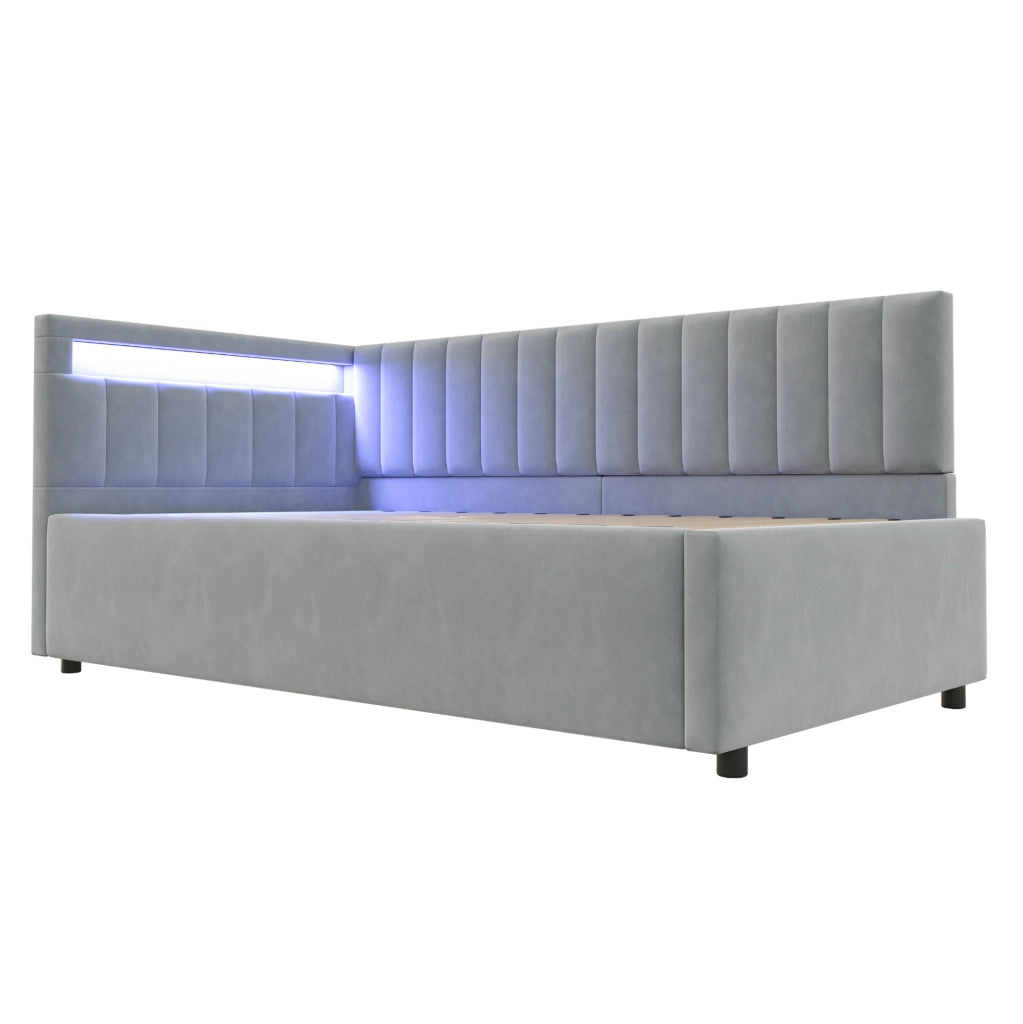 Letto imbottito con LED e contenitore idraulico 90x200 cm in velluto grigio