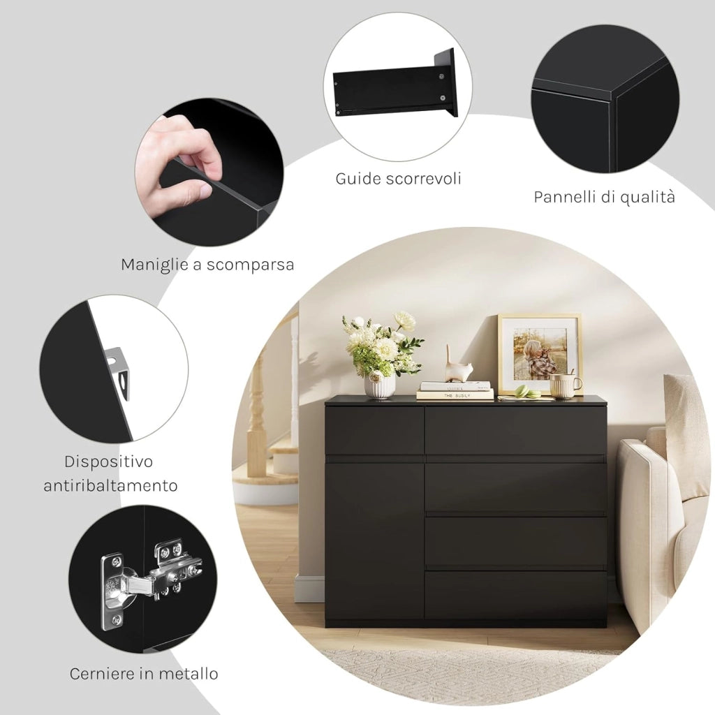 Cassettiera Camera da Letto, Mobiletto Salvaspazio con 5 Cassetti e 1 Armadietto, Ripiano Regolabile, per Soggiorno, Ingresso, 100x40x80 cm, Nero