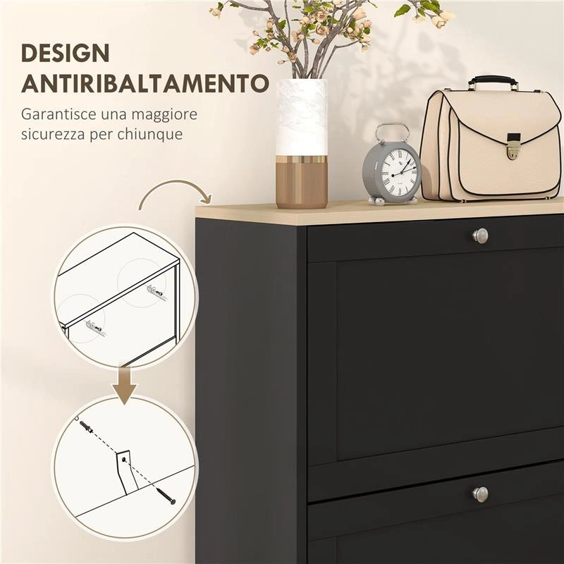 SCARPIERA SALVASPAZIO A 3 CASSETTI CON RIPIANI REGOLABILI SU 2 LIVELLI, IN LEGNO, 60X23.5X115 CM, NERO