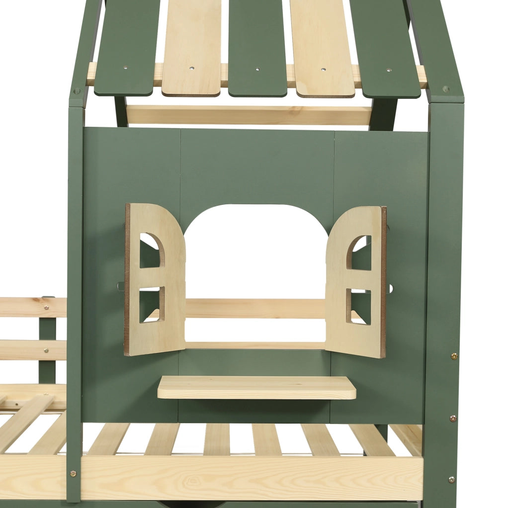 Letto per bambini a casetta con 2 cassetti e recinto 90x200 cm verde e naturale