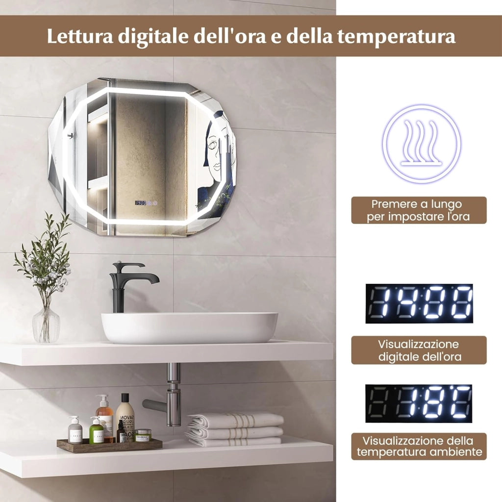 Specchio LED per Bagno 91.5 x 71cm, Specchio Antappannamento con Luce a 3 Colori, Funzione di Memoria Lettura di Tempo e Temperatura, Specchio Ellittico HD Antigraffio, IP44