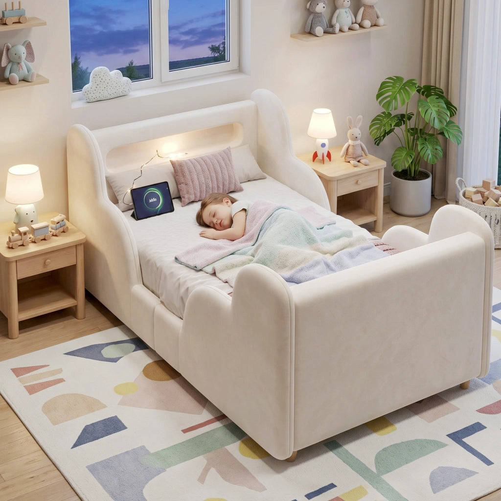 Letto singolo 90x200 cm in velluto beige con spondine imbottite, luci e porte USB, rete inclusa