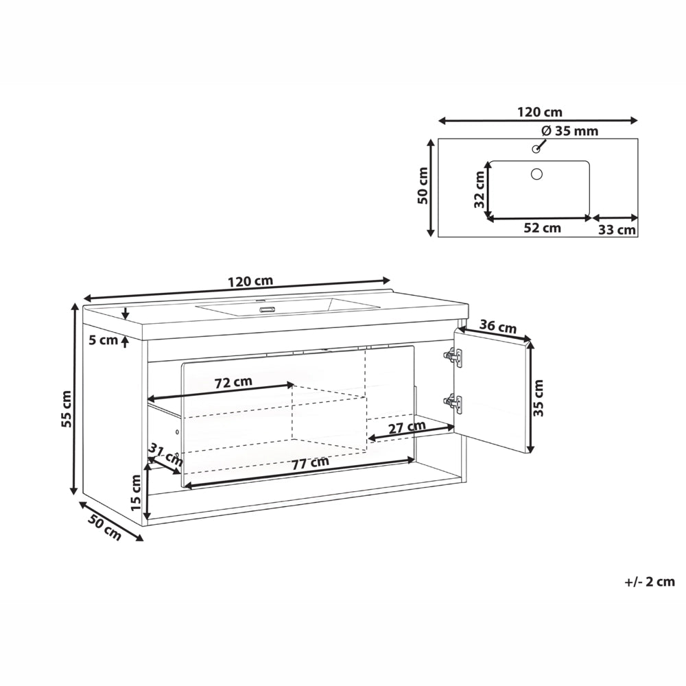 Mobile bagno sospeso con lavabo 1 cassetto frontale e 2 ripiani 120 x 50 cm marrone chiaro