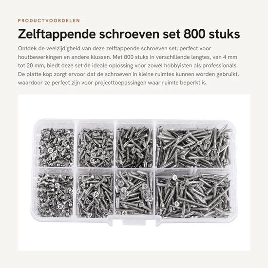 Set di Viti Autoalimentanti 800 pezzi - Assortimento di Viti a Tappo Plano - Acciaio di Carbonio Verniciato - Testa Plana - Adatto per Lavorazione del Legno - Confezionato in Scatola