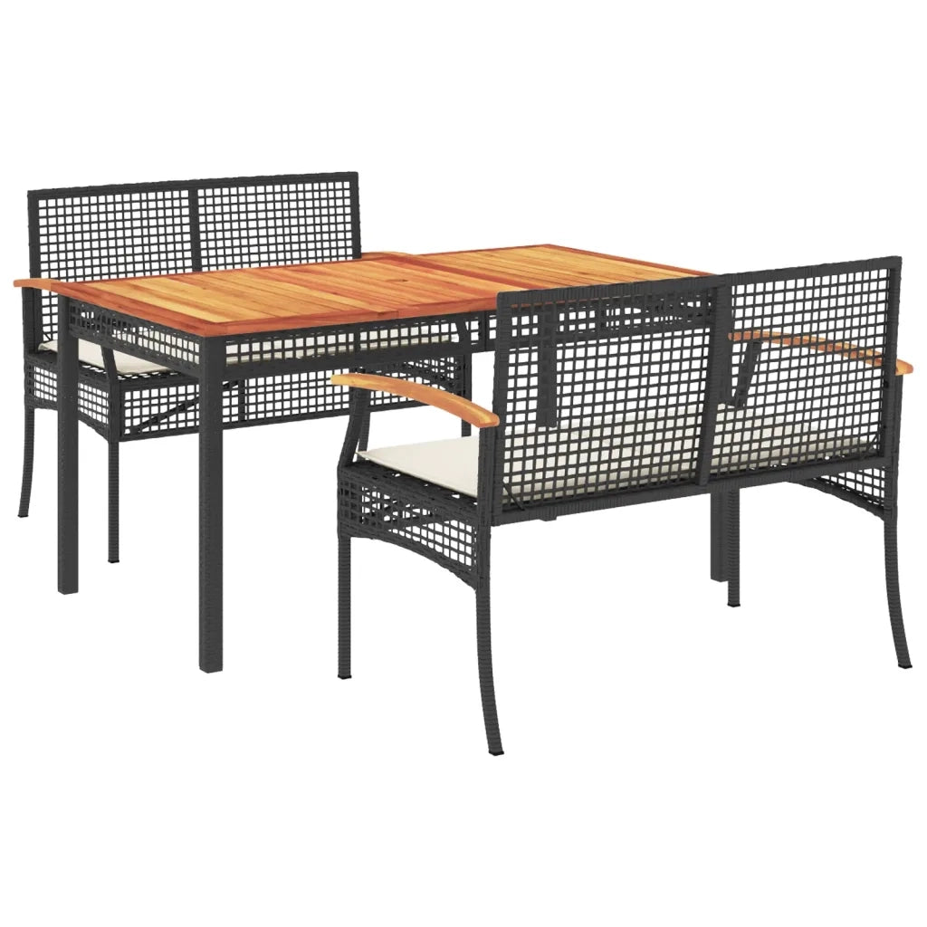 Set da Pranzo da Giardino 3 pz con Cuscini Nero in Polyrattan