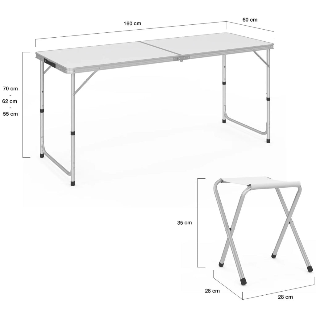 IDMarket - Tavolo da campeggio pieghevole regolabile in altezza da 160 cm e 6 sgabelli bianchi