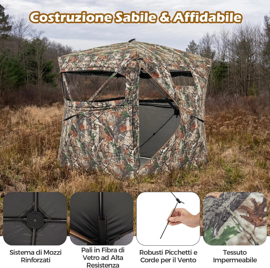 Tenda da Caccia per 2-3 Persone, Tenda Mimetica a Visione a 360° per Caccia, Tenda Pop-Up Camouflage con Borsa da Trasporto, Apribile Completamente da 1 Lato, 148 x 148 x 170 cm